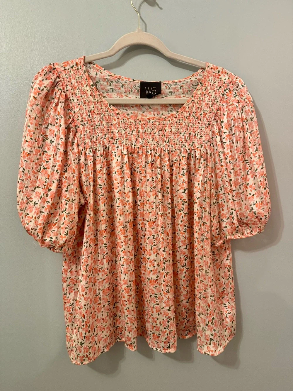 Anthropologie W5 Pink Peach Floral Smocked Puff-Sleeve Semi-Sheer Blouse Large
